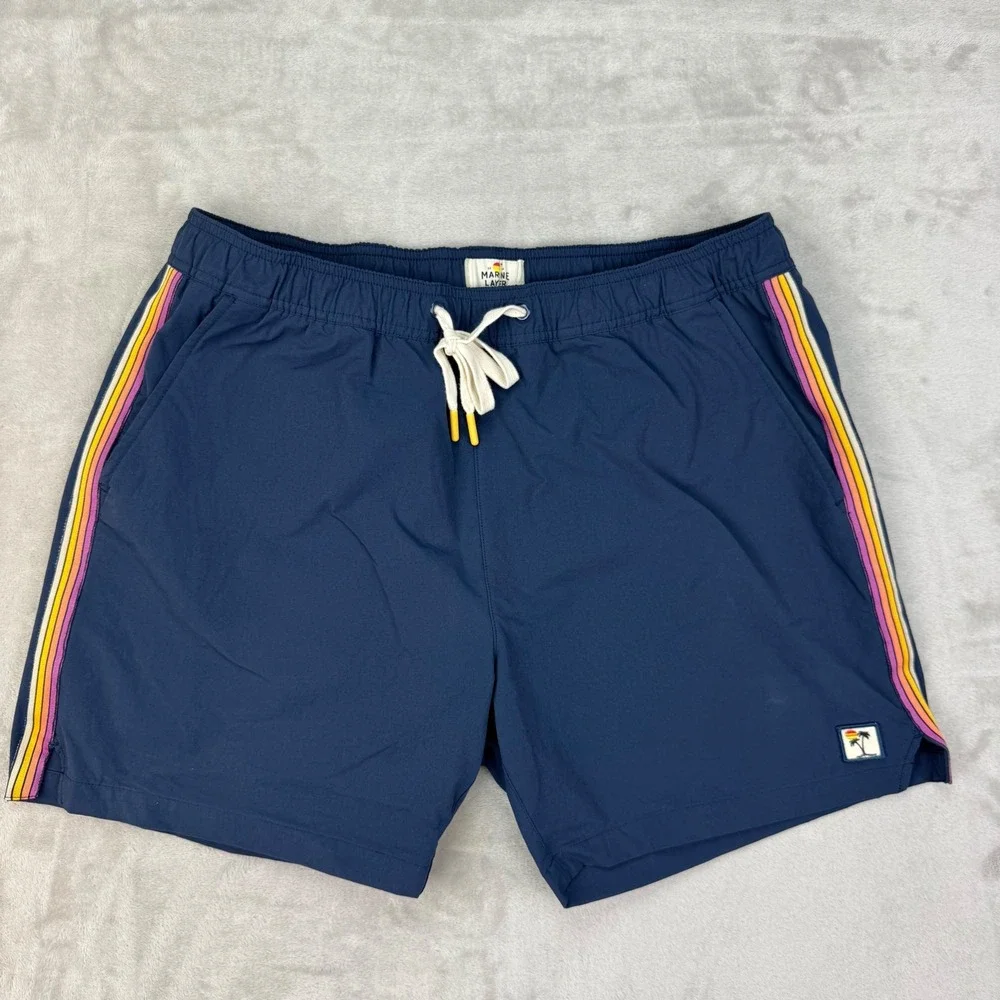 Marine Layer Mens Navy Rainbow Stripe Swim Trunks Palm Tree Patch L Surf Travel